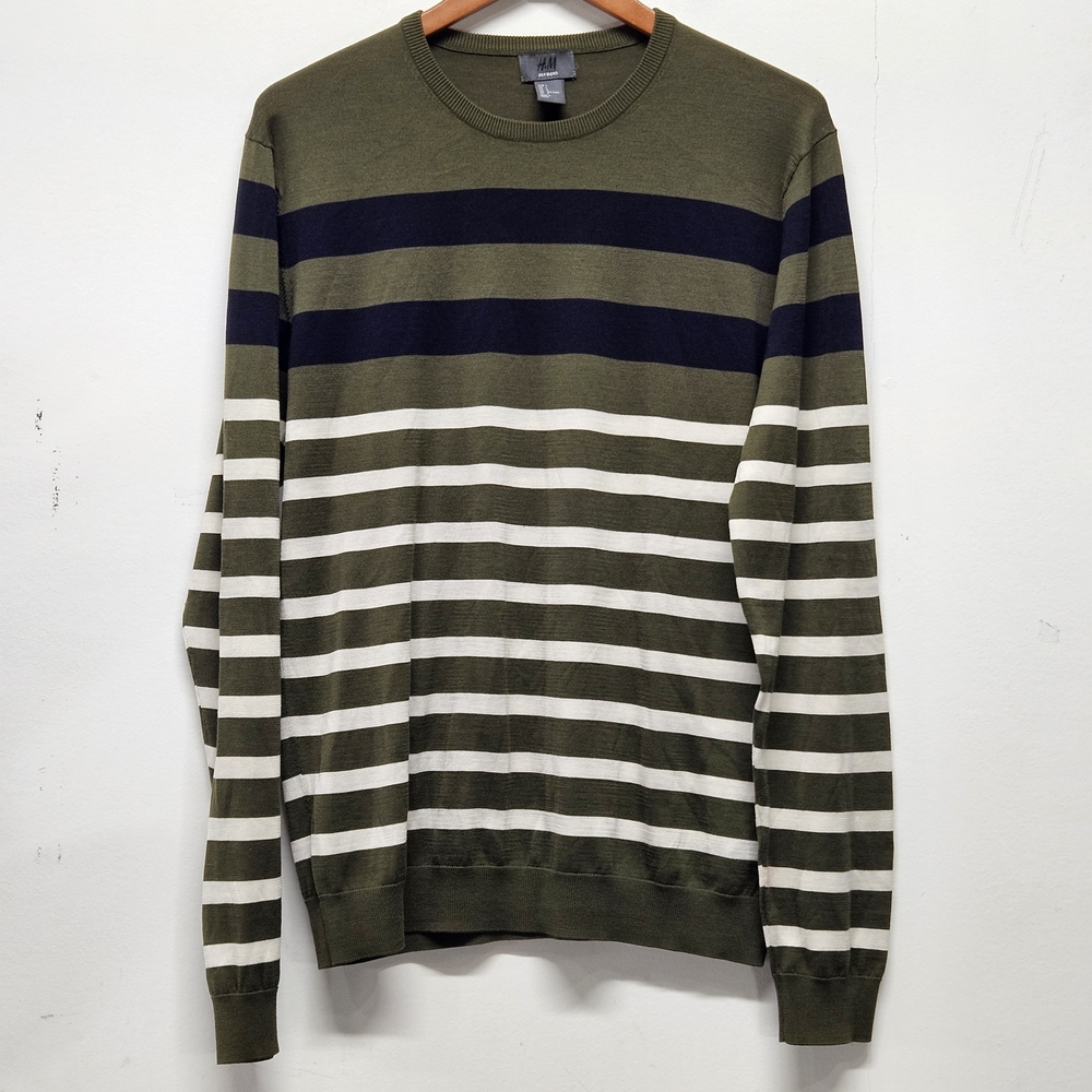 H&M Pullover Silk Blend Striped Sweater Olive Green Navy White Size L Layering
